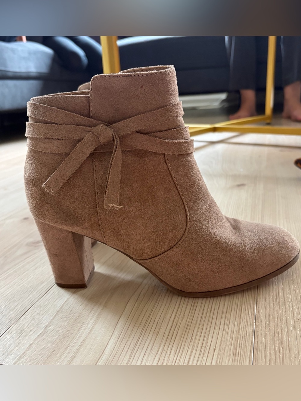 Suede Tie-Ankle Block Heel Bootie - Tan